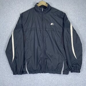 Starter Windbreaker Jacket Mens Medium Black Full Zip Athletic Reflective Stripe